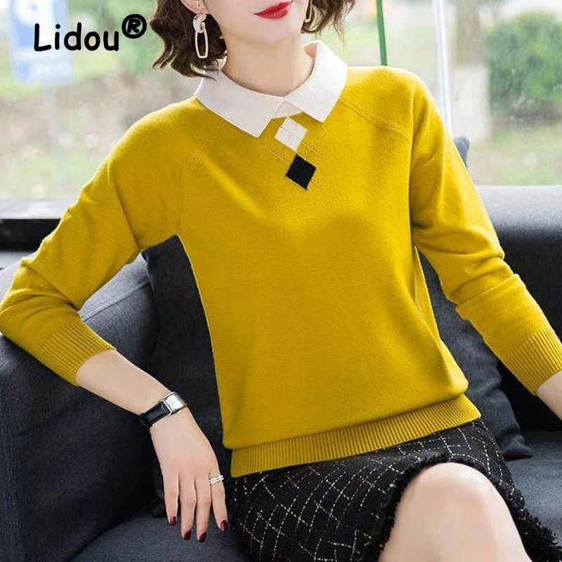 Women Clothing Korean Fashion Contrast Color Elegant Chic Knitted Sweater Autumn Polo Collar Long Sleeve All Match Pullover Tops