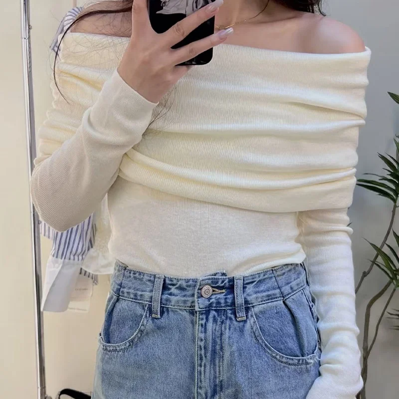 Fashion Knitted Sweater Strapless Pleated Off Shoulder Long Sleeve Womens Knit Top A Must Have Casual Item For Spring And Autumn