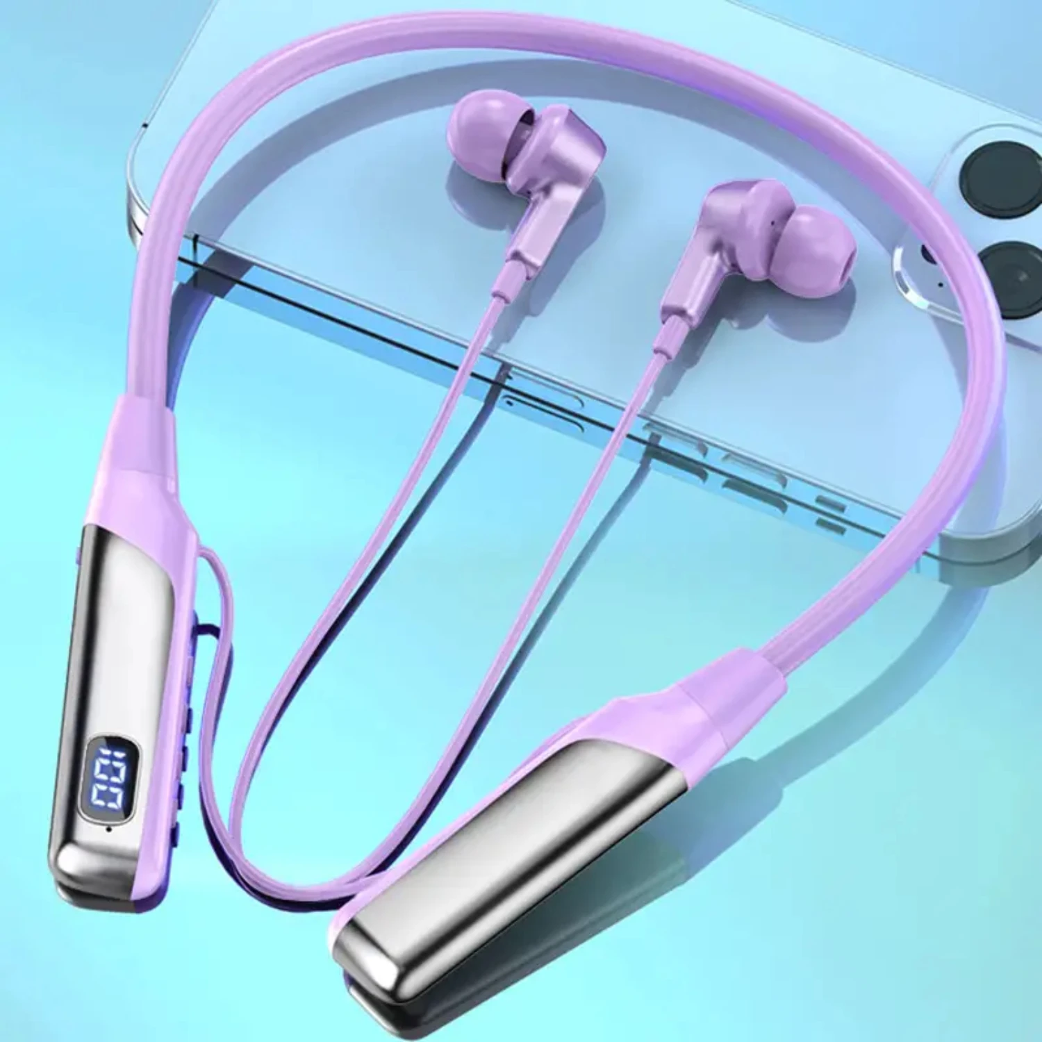 

1Pc Neckband Headphones, Wireless Earbuds Sport Earphones With TF Card Slot & LED Display, Lightweight, Deep Bass With 14 Hour P