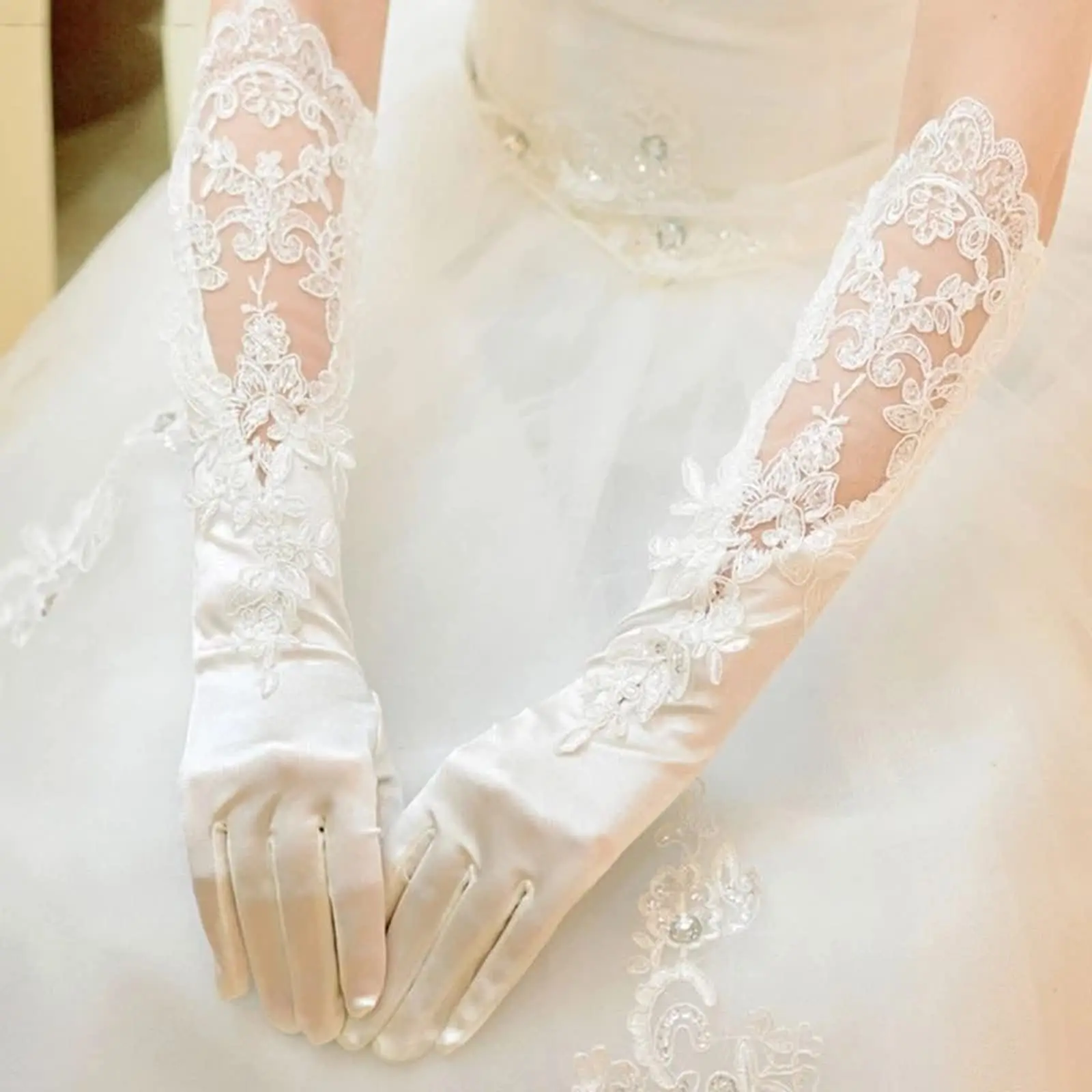 

Long Finger Satin Bride Wedding Gloves Lace Elbow Length Bridal Gloves Prom Accessories for Women