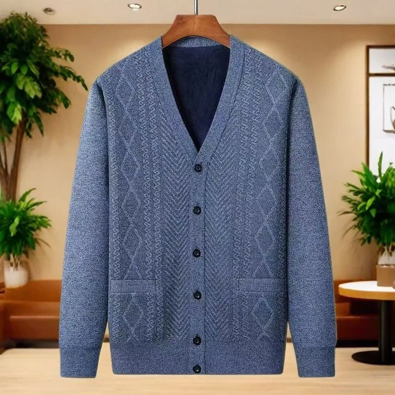 

Autumn Winter Middle-aged Elderly Tops Thickened Warm Coat Sweaters Men's Velvet Knitted Cardigan Knitted
