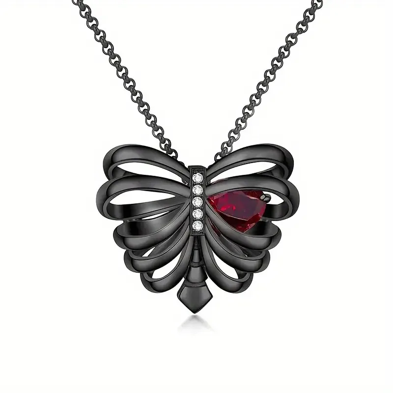 Gothic Black Heart Pendant Necklace with 10mm Red Cubic Zirconia - Vintage Style Copper Fashion Jewelry for Women, Perfect for V