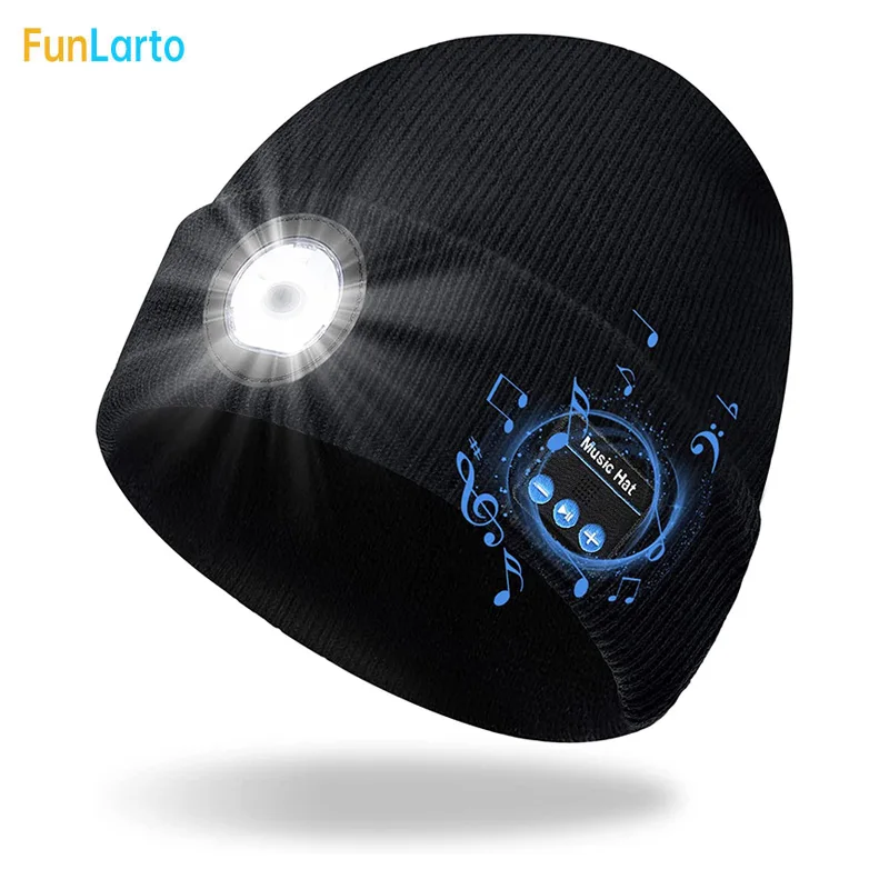 Bluetooth Beanie Hat with Light Unisex USB Rechargeable 5 LED Headlamp Cap Wireless Headphones Unique Christmas Birthday Gifts