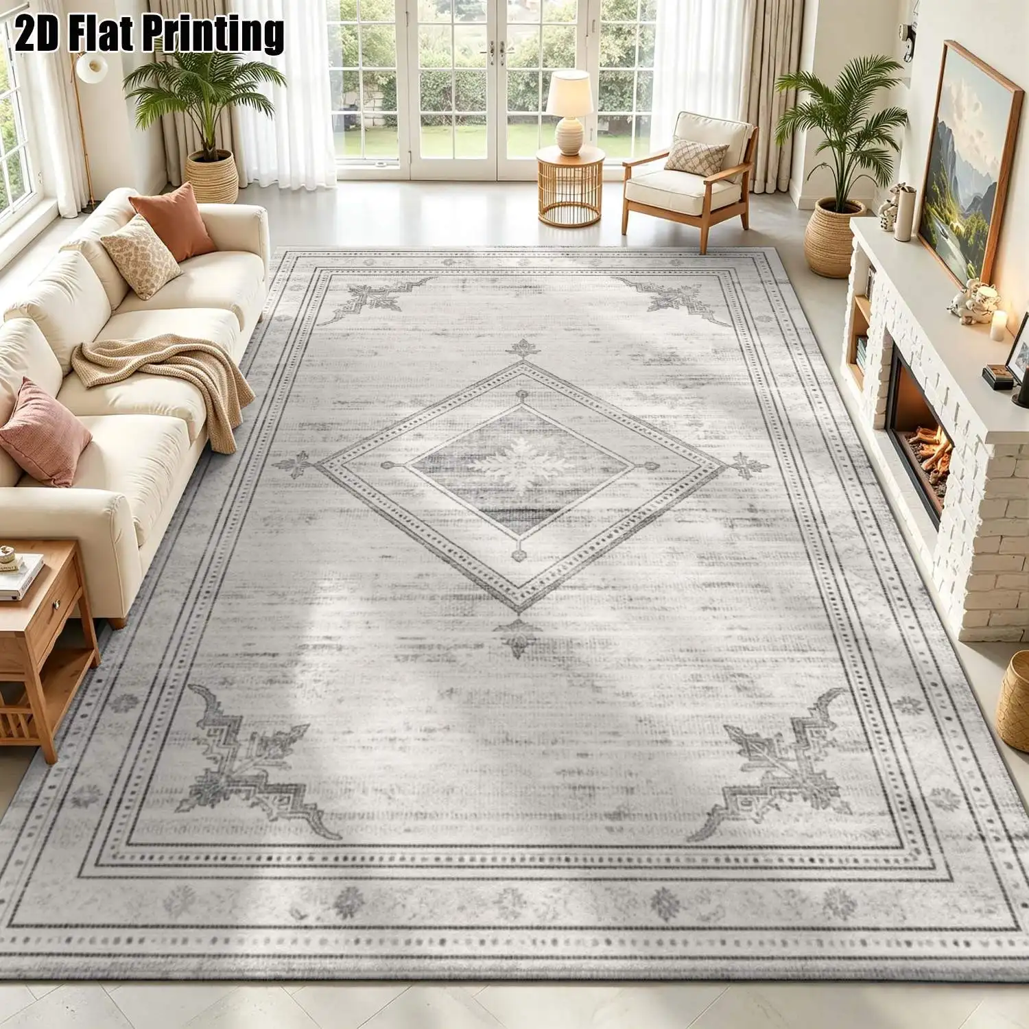 1Pc 2D Printed Gray-White Geometric Diamond Pattern Carpet: European Vintage Modern Minimalist Style, Home Decor, Multi-Size, Machine Washable, for Entryway, Living Room, Bedroom, Dining Room, Foyer