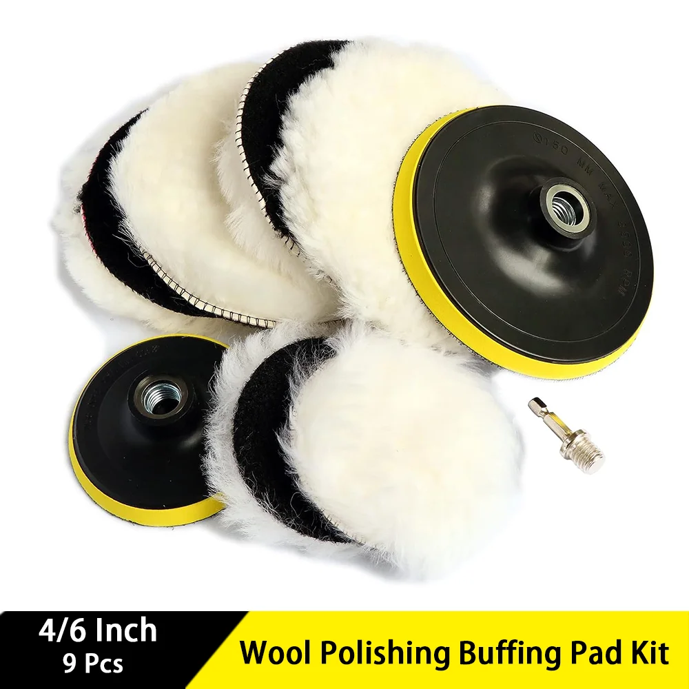 4/6 Inch Wool Polishing Buffing Pad Kit 9 Pcs with Sanding Plate 5/8