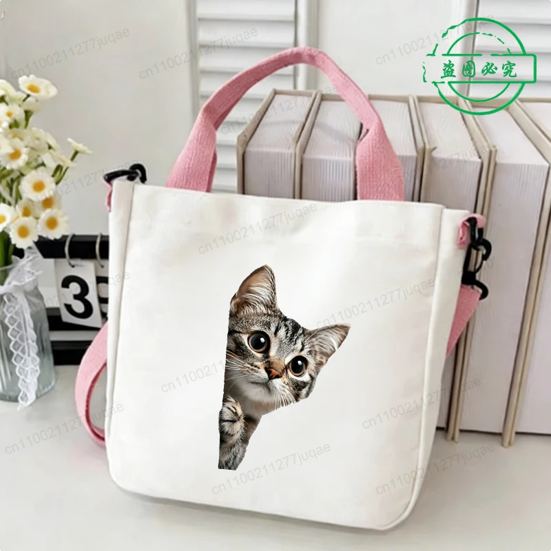 Cartoon Kawaii Cat Anime Canvas Shoulder Bag Women's Cat Novelty Creative Tote Bag Casual Light Handbags Shopping Bag Gifts