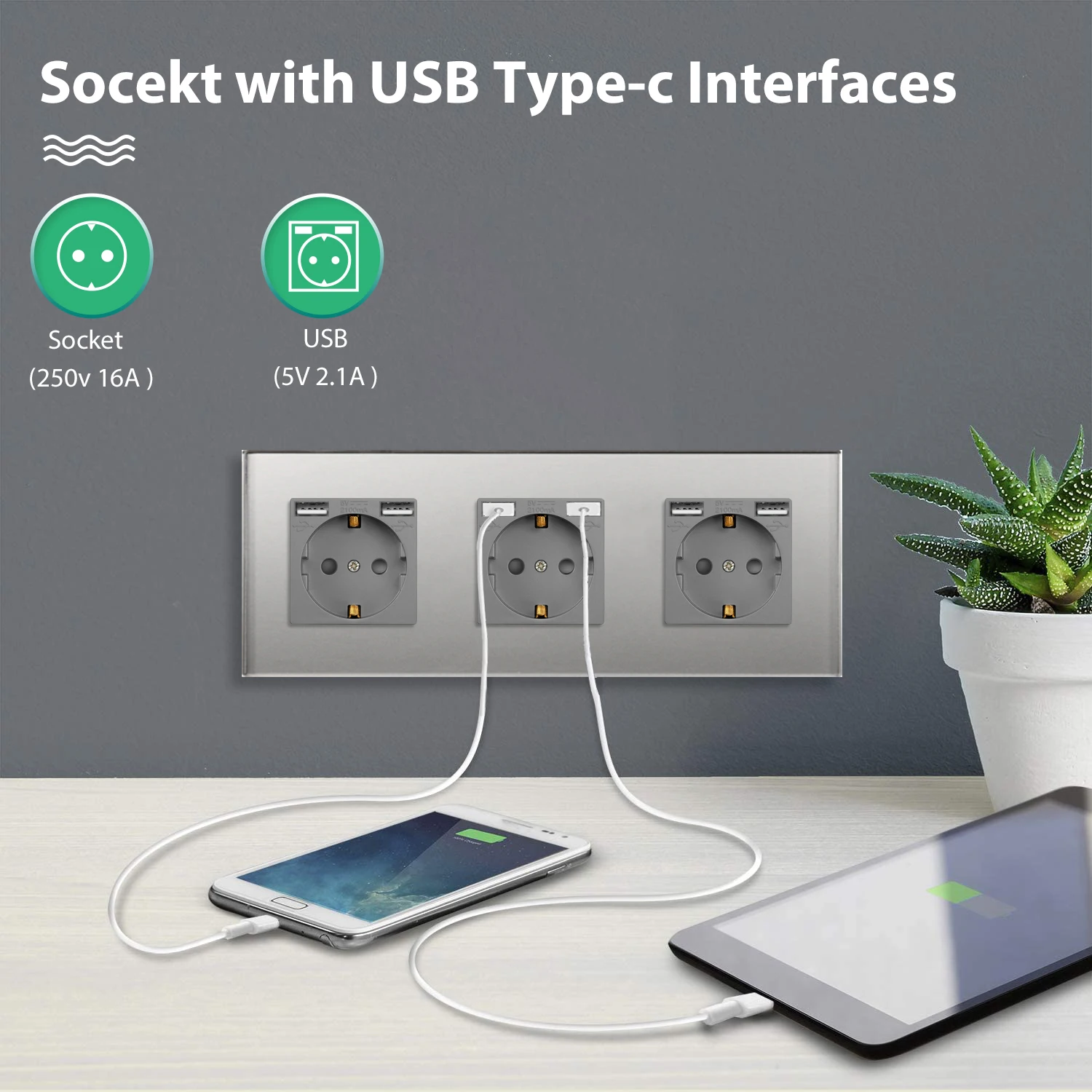 BSEED EU Standard Power Wall Sockets Triple Sockets Crystal Glass Electrical USB EU Sockets Phone Charge Type-c Power Sockets