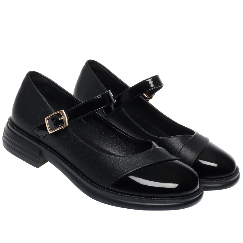 3cm Mix Color Shallow Mary Janes Women's Pumps 2024 Spring Square Heels Leather Shoes New Fashion Office Work Dance Shoe