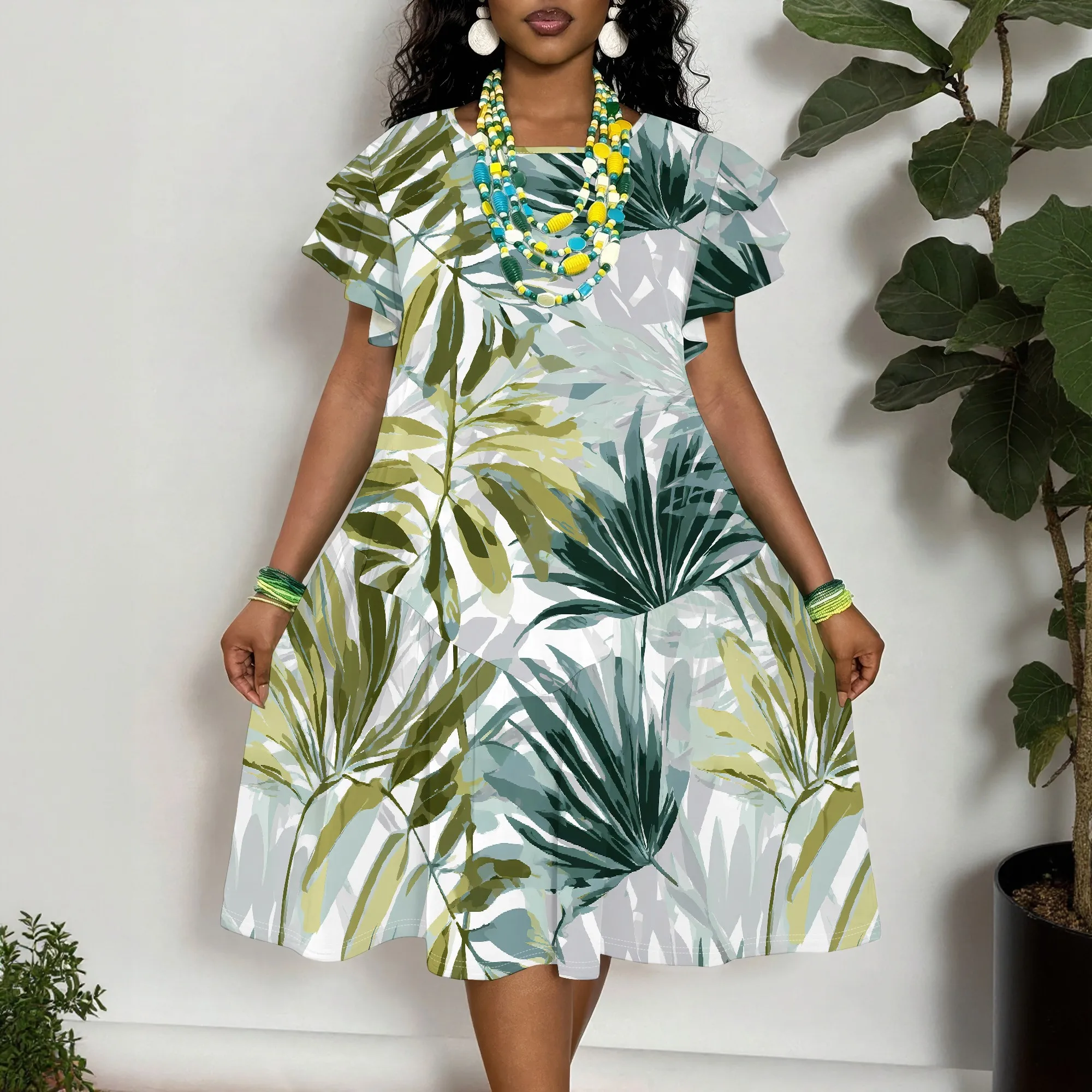 

Women's Tropical Leaf Print Ruffle Sleeve A-Line Dress Plus Size XL-6XL Summer Casual Midi Dress