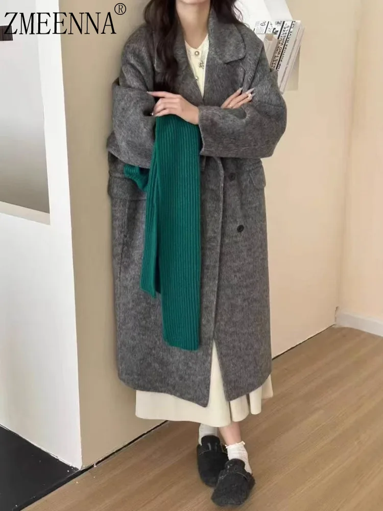 

ZMEENNA Women's Chic Gray Wool Blend Long Cardigan Coat With Classic Lapel Collar Loose Fit Outerwear Everyday Style ZM3500