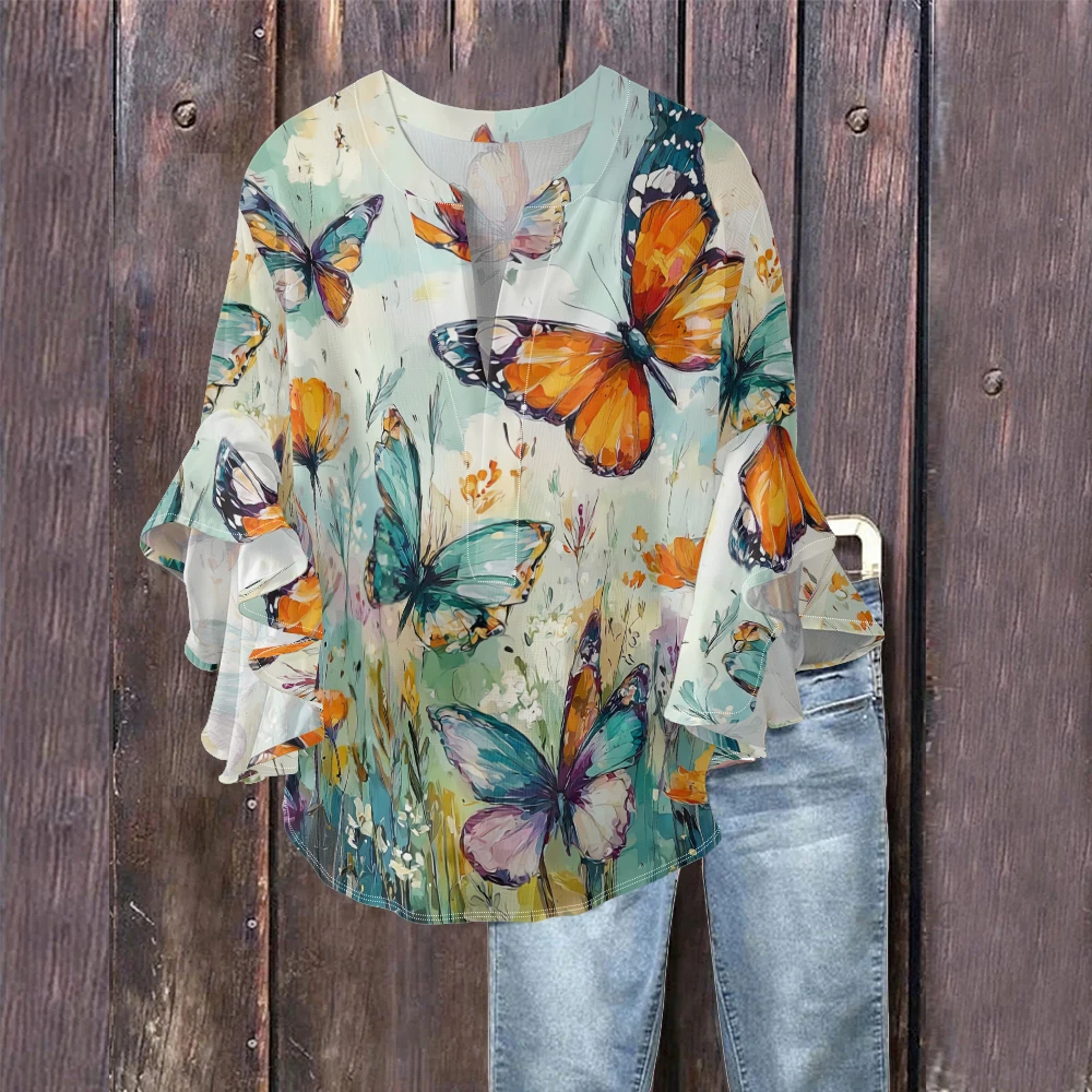 

Vintage Butterfly Print Women's Blouse Bubble Crepe V-Neck Ruffled Sleeve Retro Chic Boho Shirt Floral Bright Color Blouse