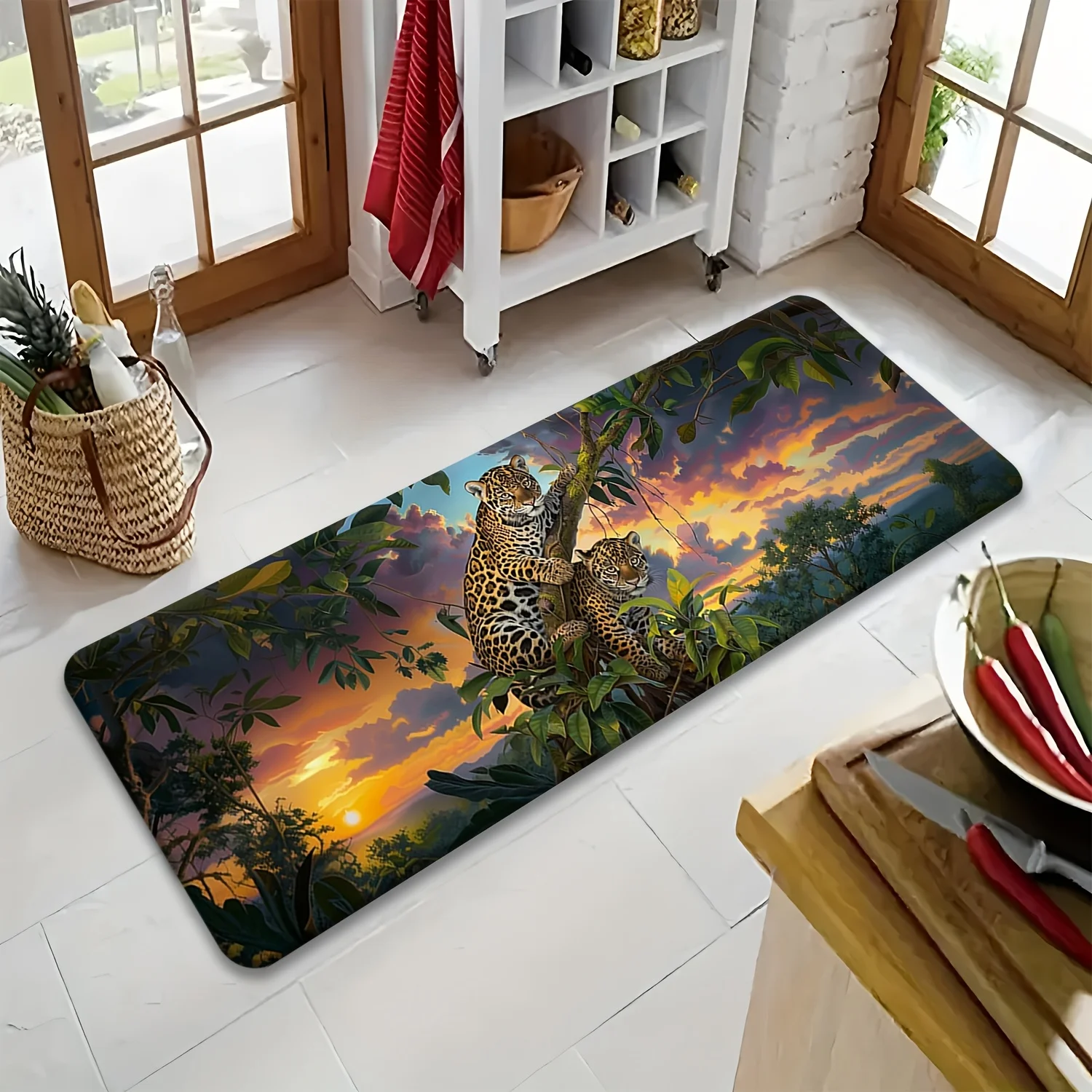 Majestic Jaguar Sunset Jungle Scene Print Floor Runner Non-Slip Decorative Kitchen Rug for Wildlife Lover Home Entryway Accent