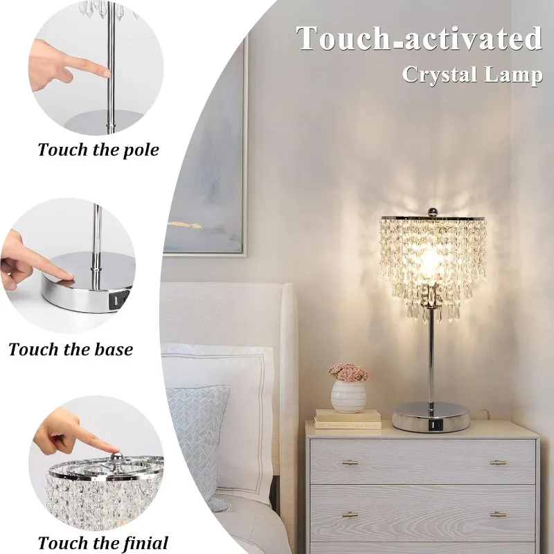 Lampada da tavolo in cristallo con controllo touch con porte di ricarica USB C + A, lampada da comodino decorativa dimmerabile a 3 vie con