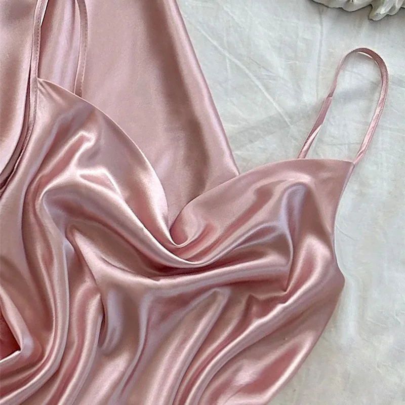 3 Piece V-neck Women's Pajamas Solid Color  Robe And Halter Pajamas Polyester Women's  Set Female Silk Satin