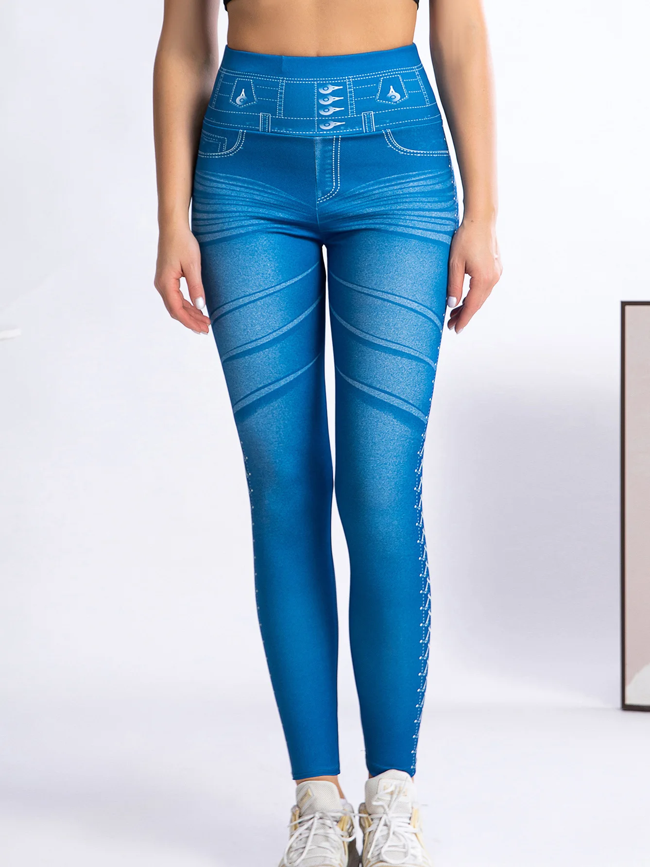High Waist Printed Denim Look Leggings Elastic Butt Lifting Fake Pocket Nine Points Women's Tight Fit Skirt Pants Spring 2025