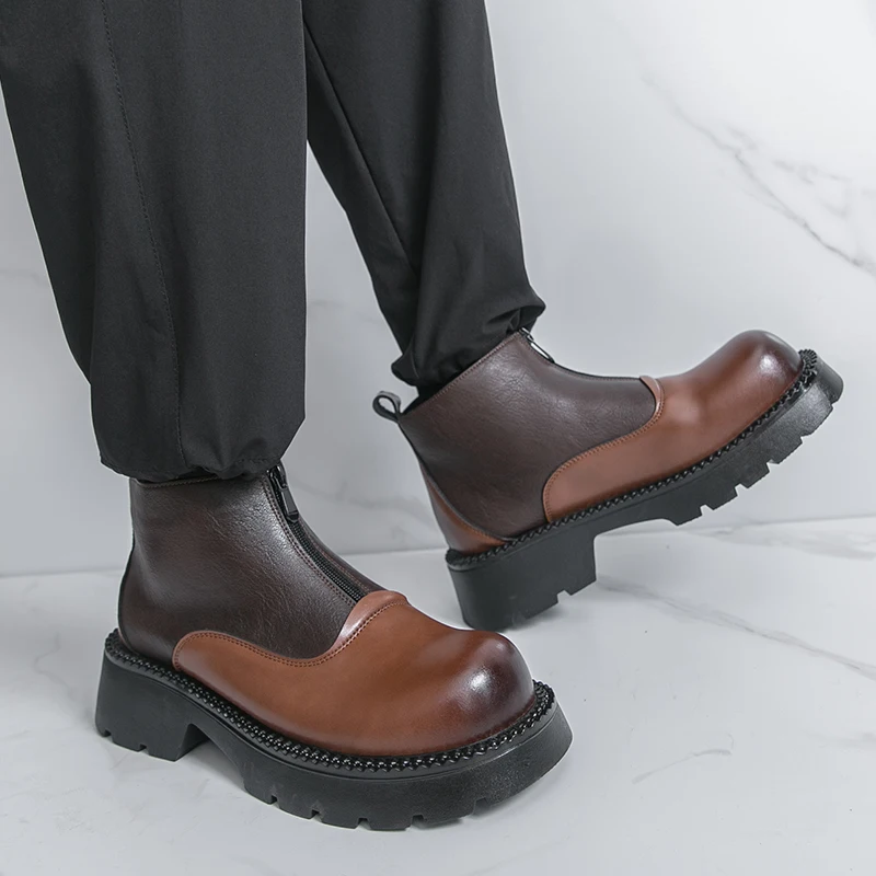 

Модные резиновые ботинки челси на толстой подошве, высококачественные кожаные ботинки с высоким берцем на молнии, городские деловые мужские ботинки с круглым носком