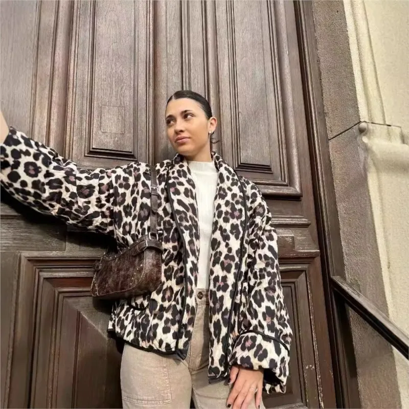 

Vintage Leopard Print Cotton Padded Jackets Lapel Quilted Coat Streetwear Women Casual Winter Coats Loose Jacket Outerwear