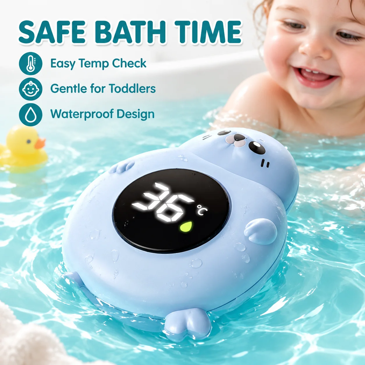 Baby Bath Thermometer with LED Display, Cartoon Seal Floating Water Temperature Monitor for Kids Toddler, IPX7 Waterproof