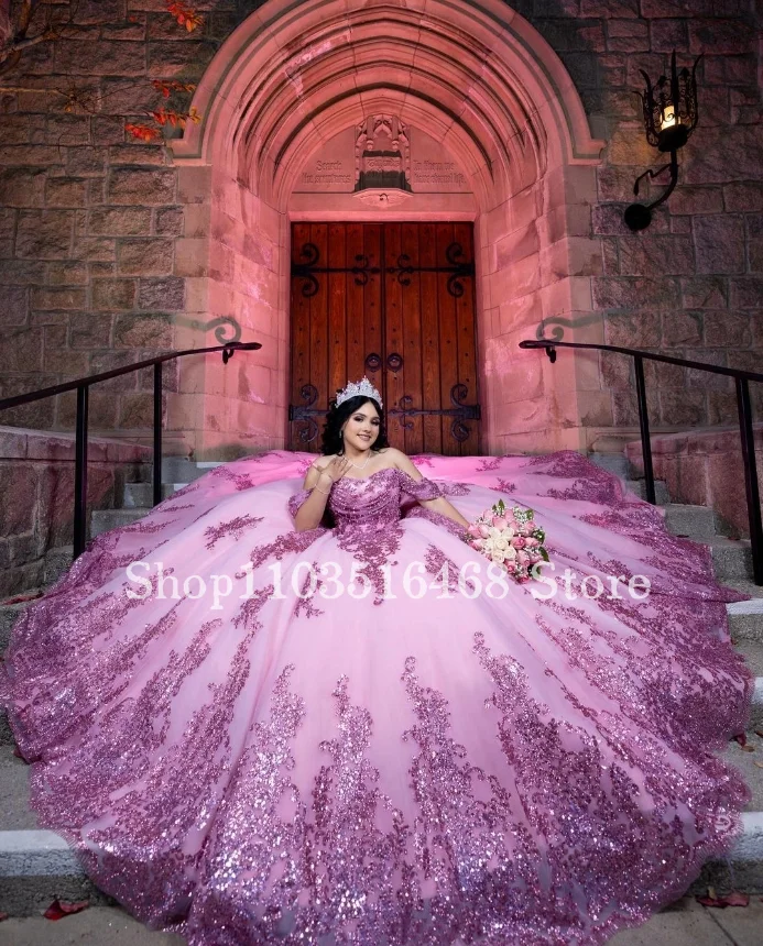 Rosa Prinzessin Quinceanera-Kleider, Ballkleider 2024, Mieder mit Pailletten, Kristallapplikationen, 15-Kleid, individuelles Quinceanera-Kleid