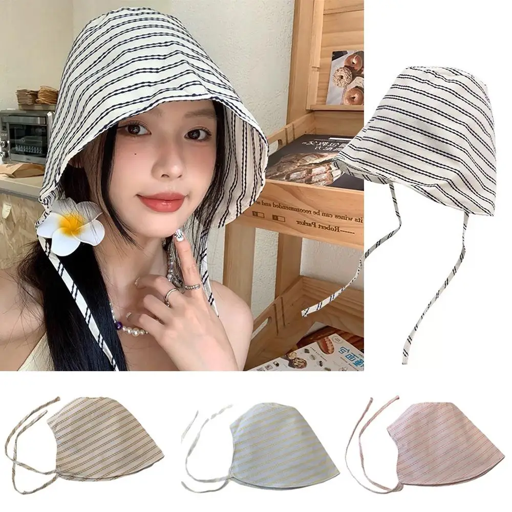 

Korean Spring Summer Striped Strap Bucket Hat For Women Men Foldable Candy Color Ponytail Sun Hat Outdoor Panama Beach Sun Cap