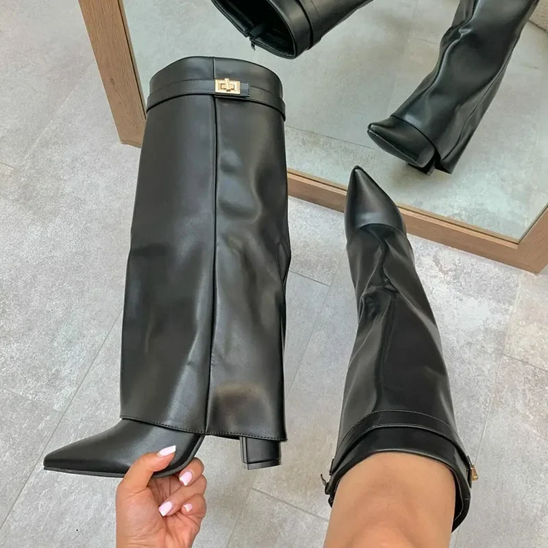 2024 Winter Brand New Fashion Minimalist Knee Boots for Women Europe and America Pointed High Heels Big Size Shoes 43 42 44