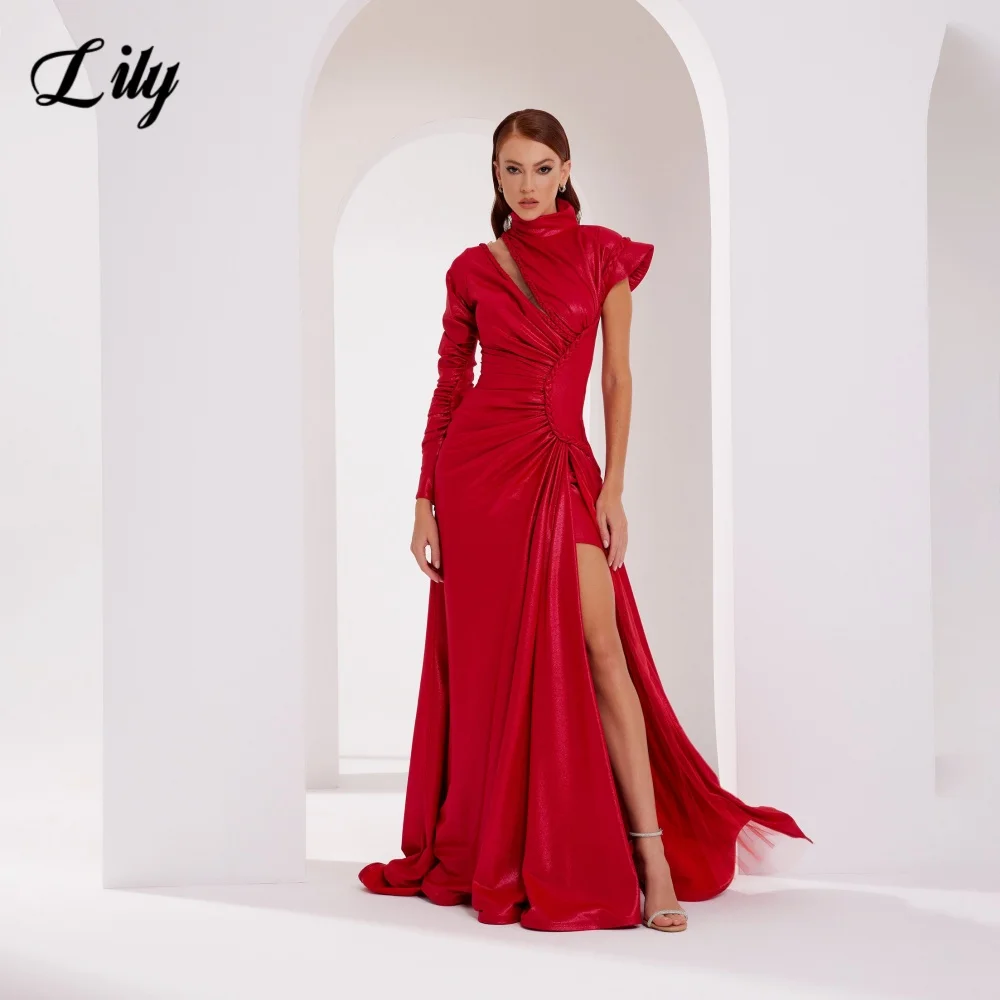 

Lily Red Sexy Prom Gown High-Neck One-Side Long Sleeve Prom Dress Satin Side Split Mermaid Evening Dress robe soirée Customized