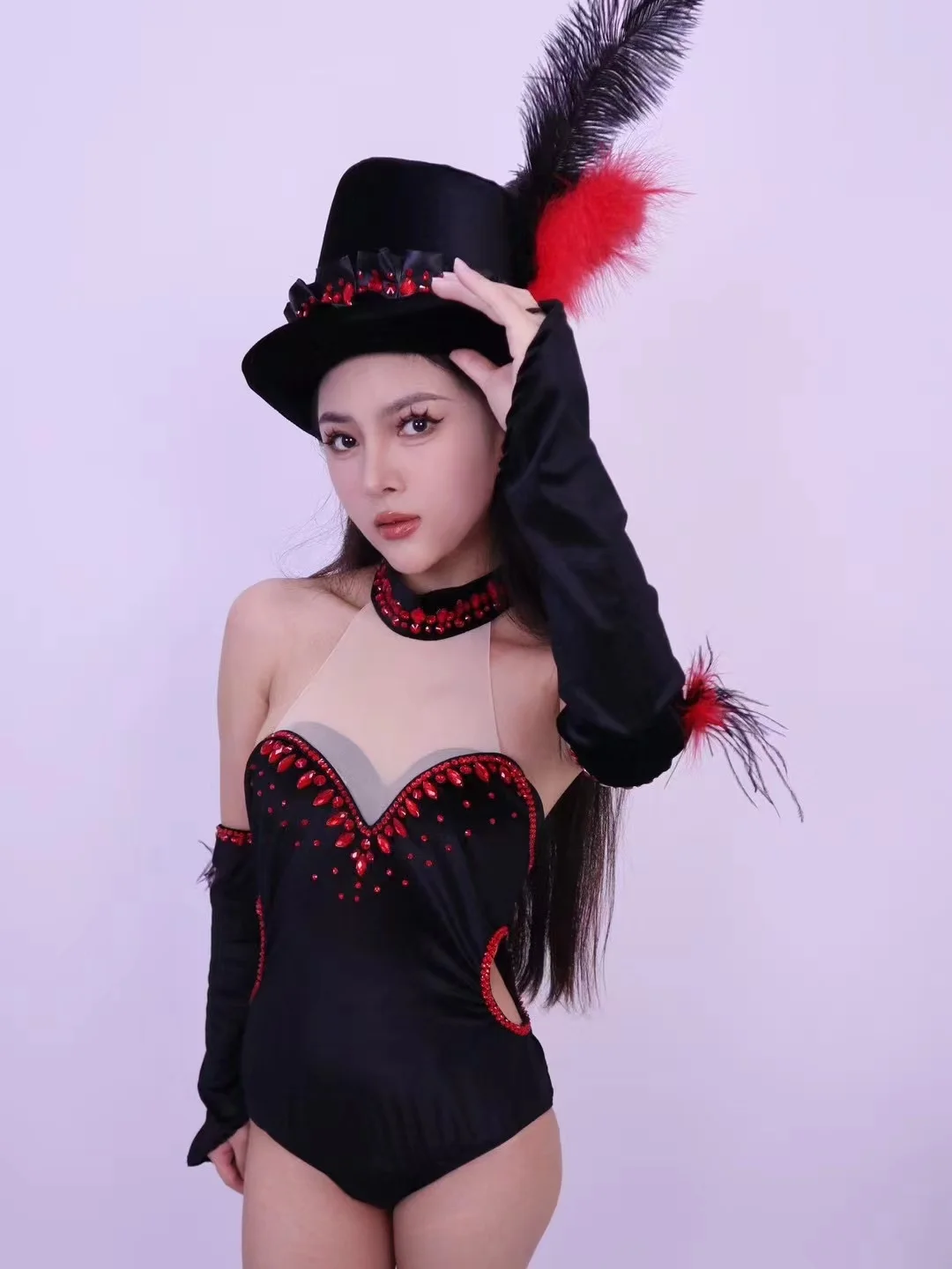 Jazz Dance Costume Female Group Sexy Black Flash Diamond Bodysuit Hat Bar Nightclub Singer Lead Dancer Stage Prom Party Clothing