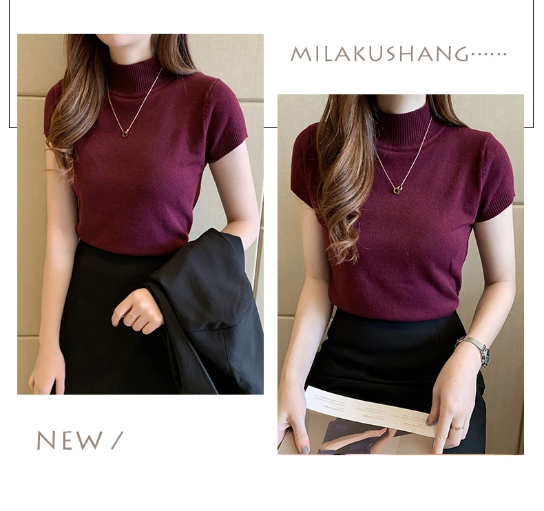 Halbhohes T-Shirt für Damen, modischer Pullover, lässige Oberteile, koreanischer Stil, elegante einfarbige Kleidung, Frühlings- und Sommersaison – Detail 15