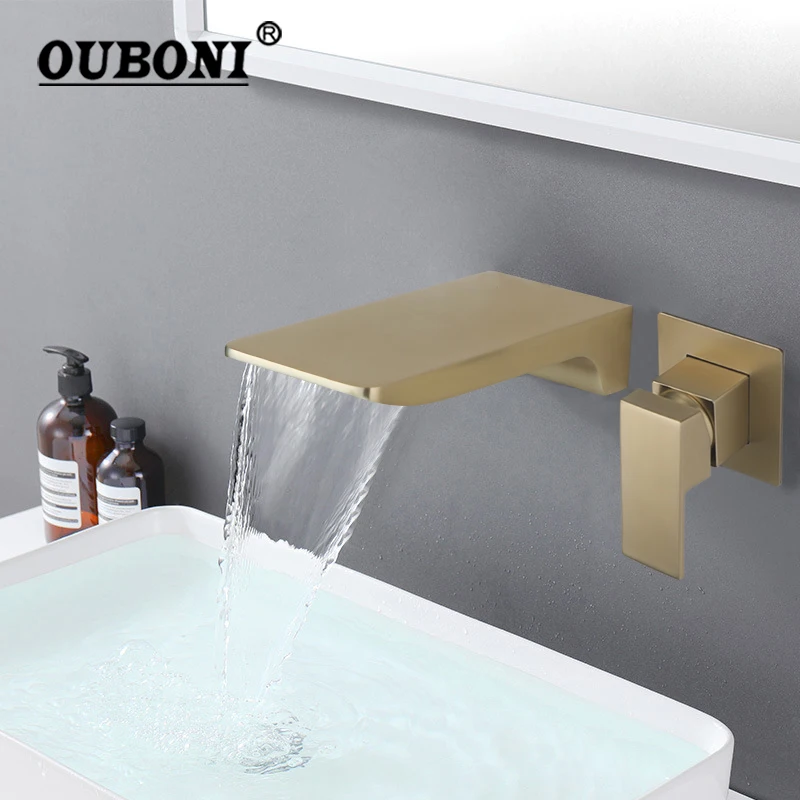 

OUBONI Brushed Gold Bathroom Bathtub Faucet Wall Mounted Soild Brass Waterfall Water Basin Sink Bathtub Mixer Tap Faucet Set