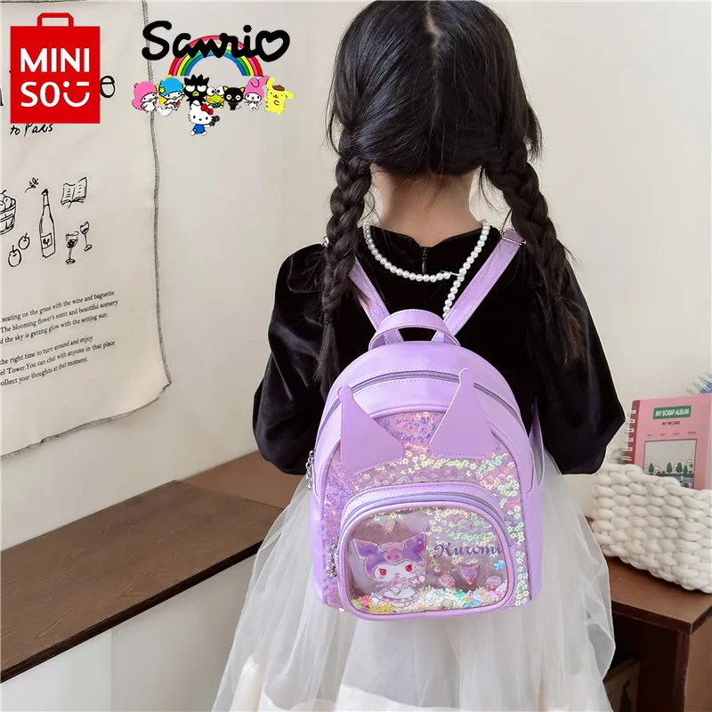 Miniso Kuromi tas punggung anak perempuan, tas buku penyimpan multifungsi kartun payet modis kualitas tinggi