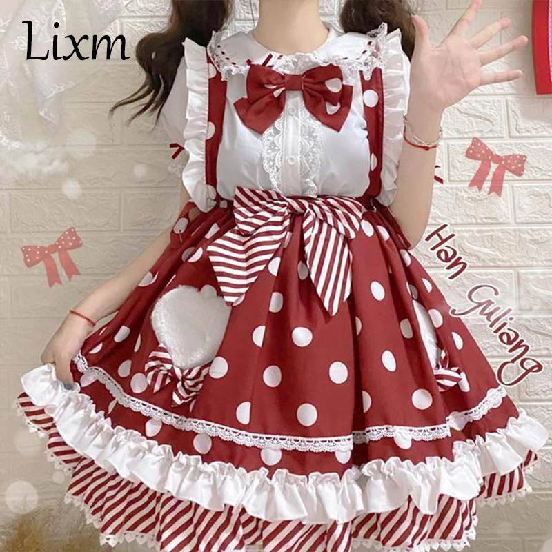 Robe Lolita à pois pour tous les jours, jupe Boba + chemise, tenue princesse Kawaii pour fête thé, style université