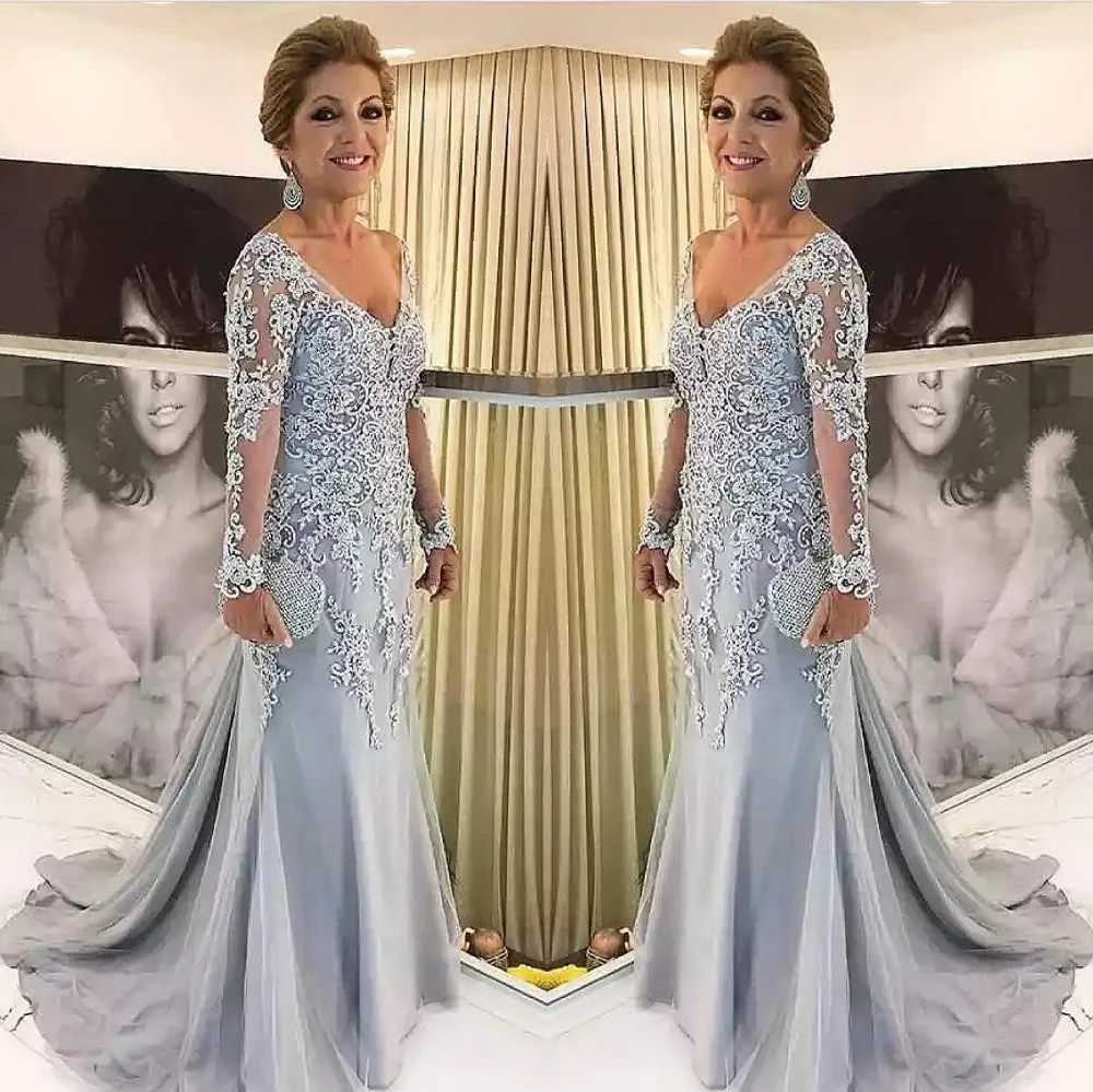 

Elegant Blue Silver Mother of the Bride Dresses Long Sleeves 2022 V Neck Godmother Evening Dresses Wedding Party Guest Gowns New
