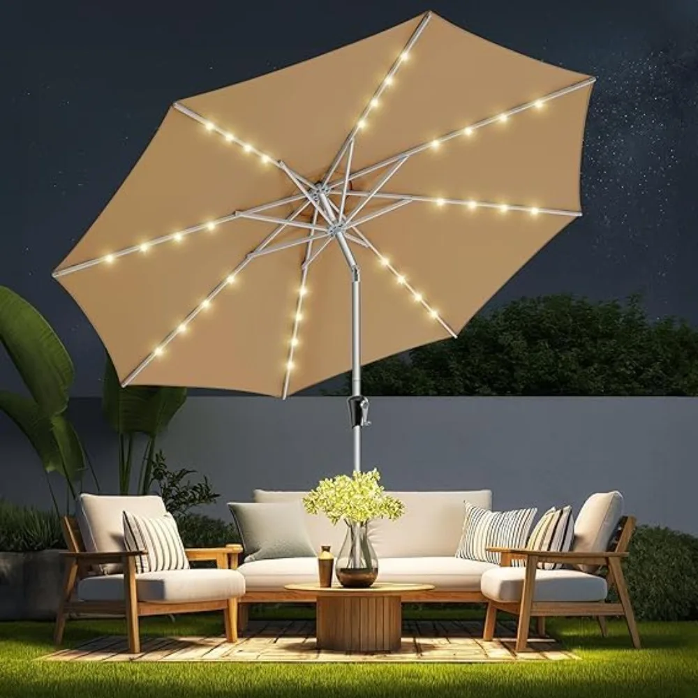 

9ft Patio Umbrella with Solar Lights, LED Outdoor Table Market Umbrella, 5-Year Fade Resistance, 10-Year Rustproof, UPF50+