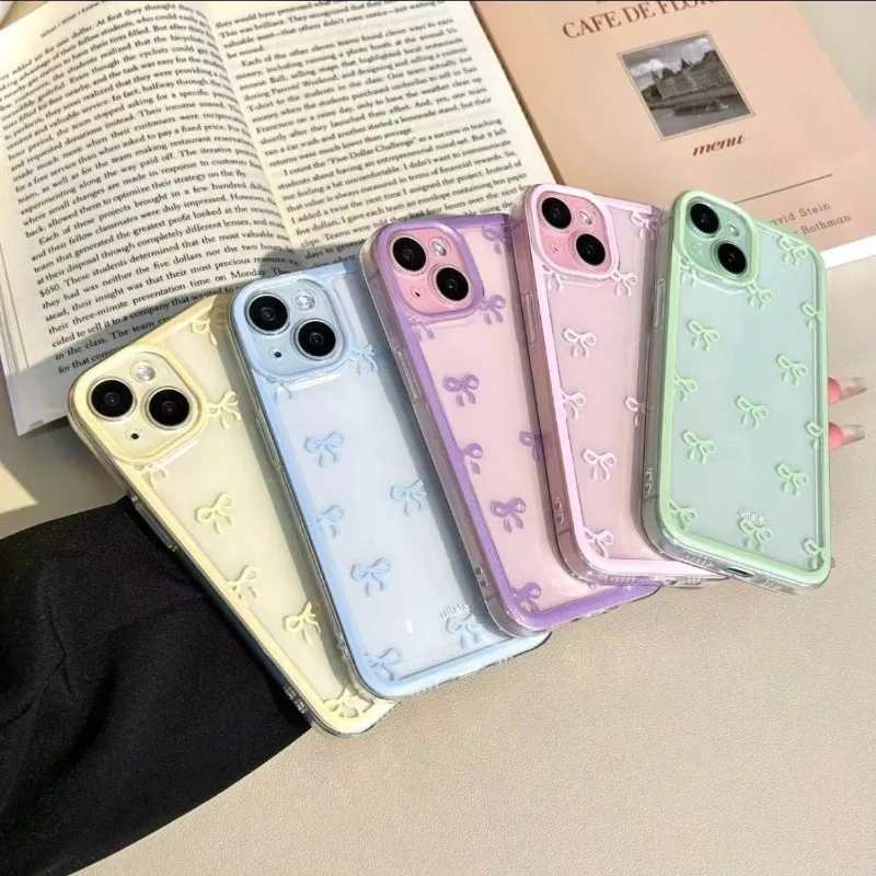 Cute Purple Pink Bow Soft Clear Case Protection for IPhone 15 14 13 12 11 14 Pro Max Soft Camera Protection Case for IPhone 15