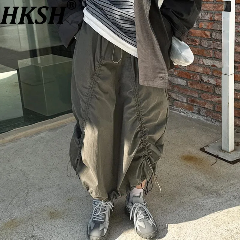 

HKSH Spring Autumn New Women Skirt Solid Color Drawstring Elastic Waist Folds A-line Streetwear Safari Style Chic Skirts HK11741