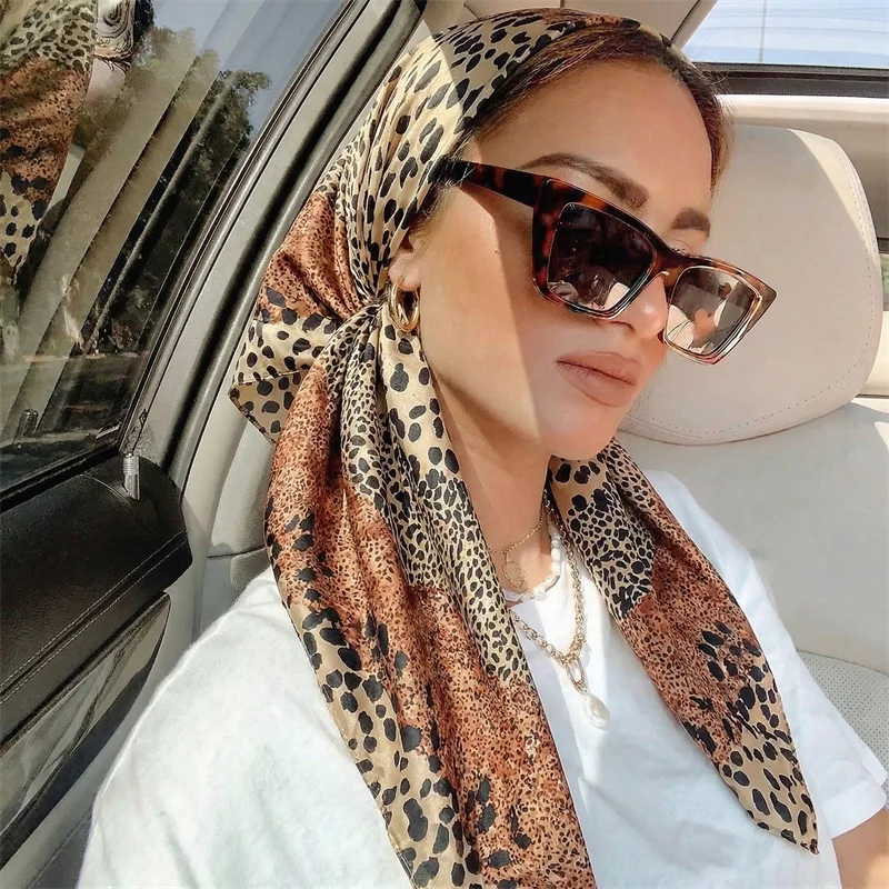 

90cm Square Silk Scarf Women Luxury Brand leopard print Hijab Scarves Muslim Pareo Bandana Female Shawl Wrap Headband Foulard