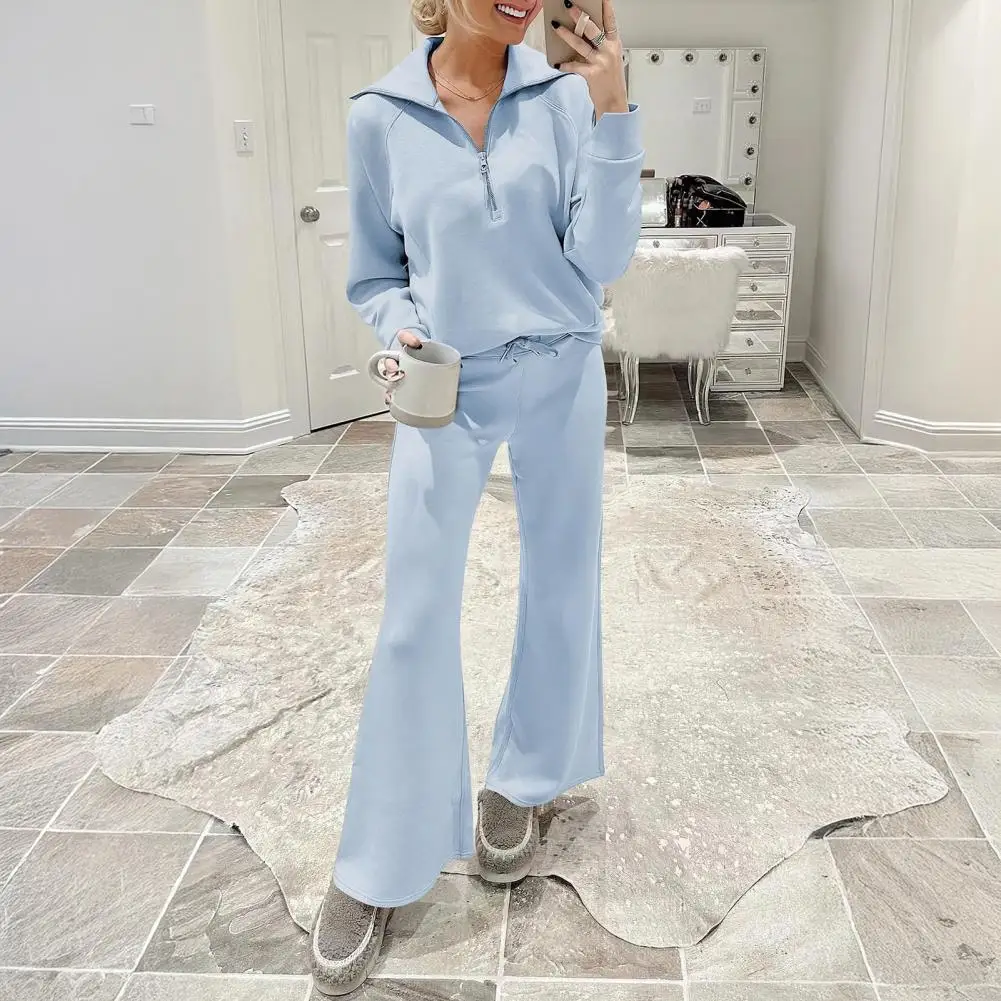 

Женский осенний повседневный комплект из двух предметов: свитшот на молнии до середины груди и брюки с широкими штанинами, спортивный костюм с длинным рукавом, 80% хлопок