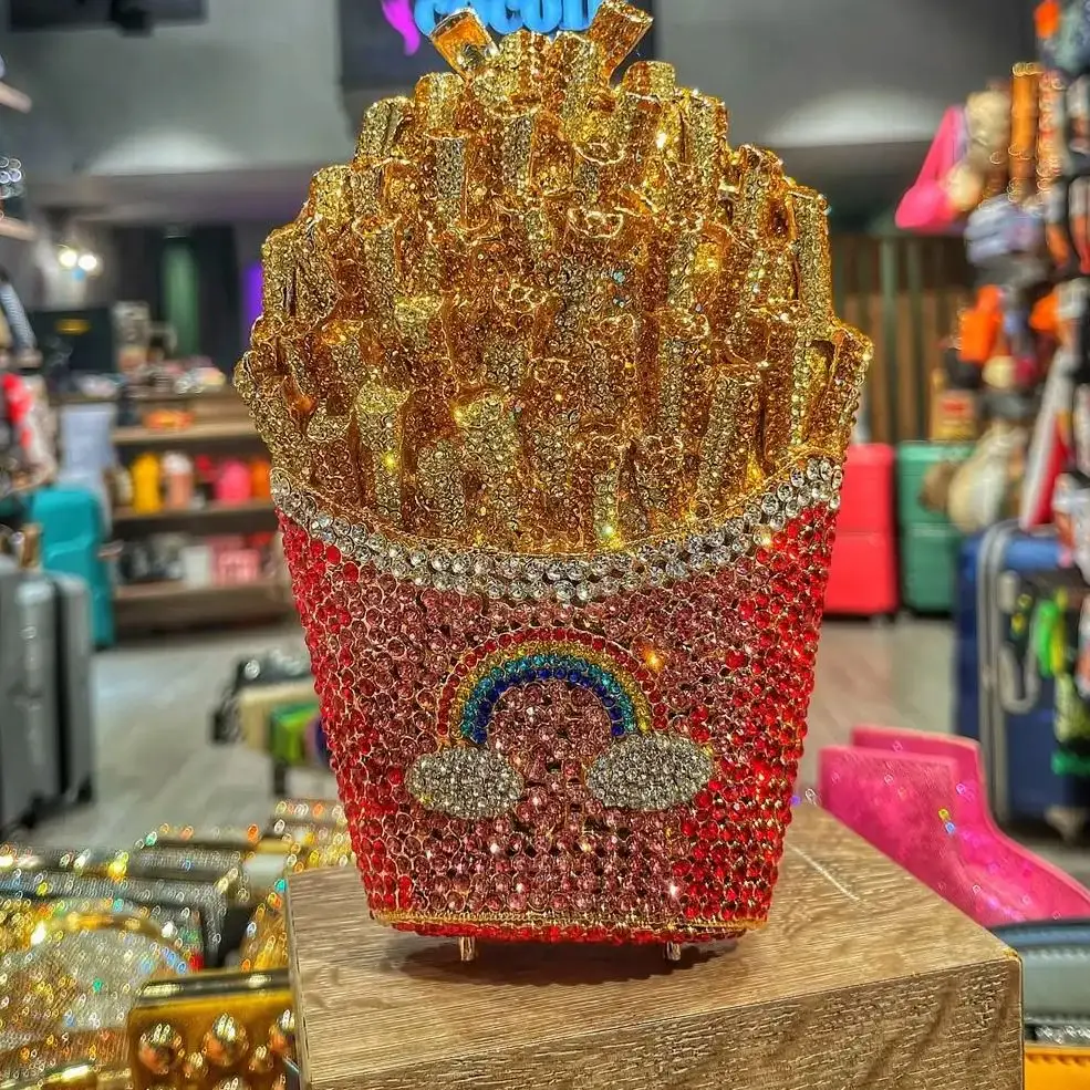 

Lost in Vintage French Fries Shaped Minaudiere Glitter Sparking Beadedwork Gems CrystalsClutch Wedding Purse with 2 Straps