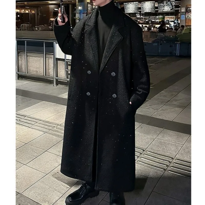 Shiny thick trench coat chic sequin autumn winter men's warm woolen coat casual double breasted long overknee woolen coat