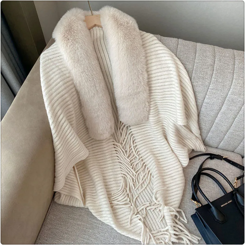 Bat Wing Sleeve Autumn Women Knitted Cardigan With Faux Fur Trimming Casual Loose Warm Female Open Stitch Sweaters Femme