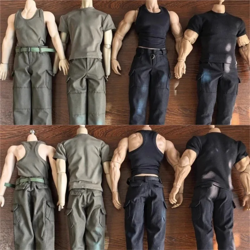 Maßstab 1/6 Männliche Kampfhose Cargohose Weste T-Shirt Kleidung Modell für 12'' Actionfiguren Muskelkörper Weltbox AT027 AT030