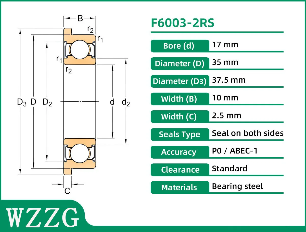 F6003-2RS Flange deep groove ball bearing 17X35X10mm