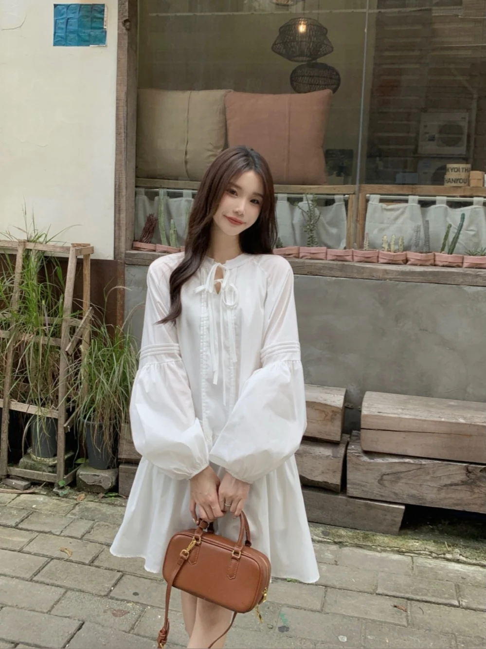 スイートボウレースランタンスリーブドレスレディースルーズAラインドールショートスカート秋の新スタイル快適な通勤スタイル長袖