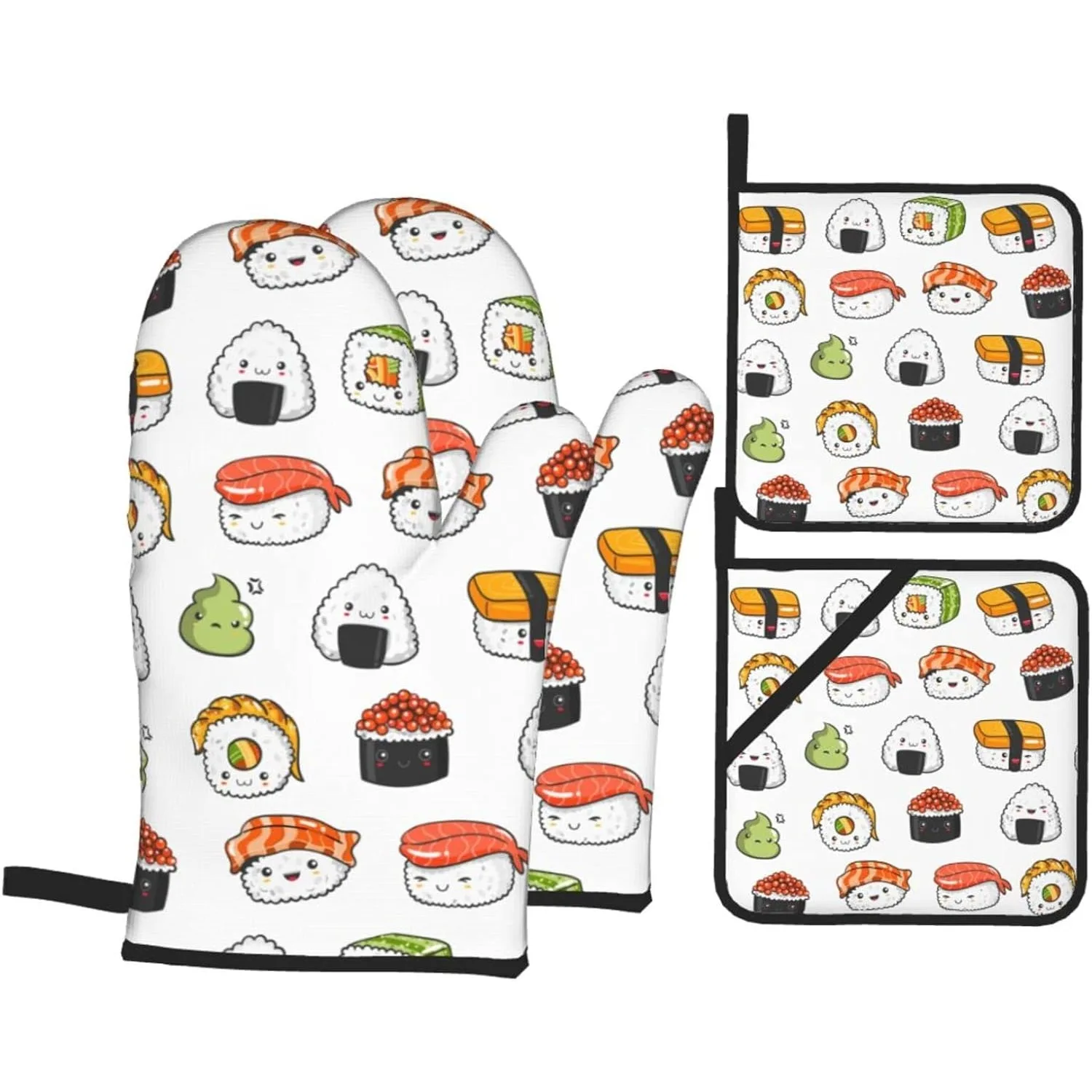 Japanese Kawaii Sushi Oven Mitts and Pot Holders Set of 4, Oven Mittens and Potholders Heat Resistant Gloves for Kitchen