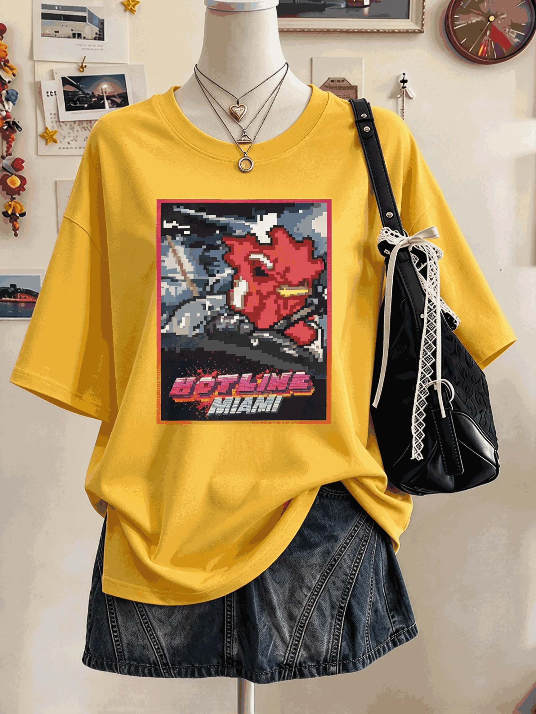HOTLINE MIAMI Cotton Retro Unisex Casual Fashion T-shirt High Street Oversized Unisex Trendy Print T-shirts for Men Women soft