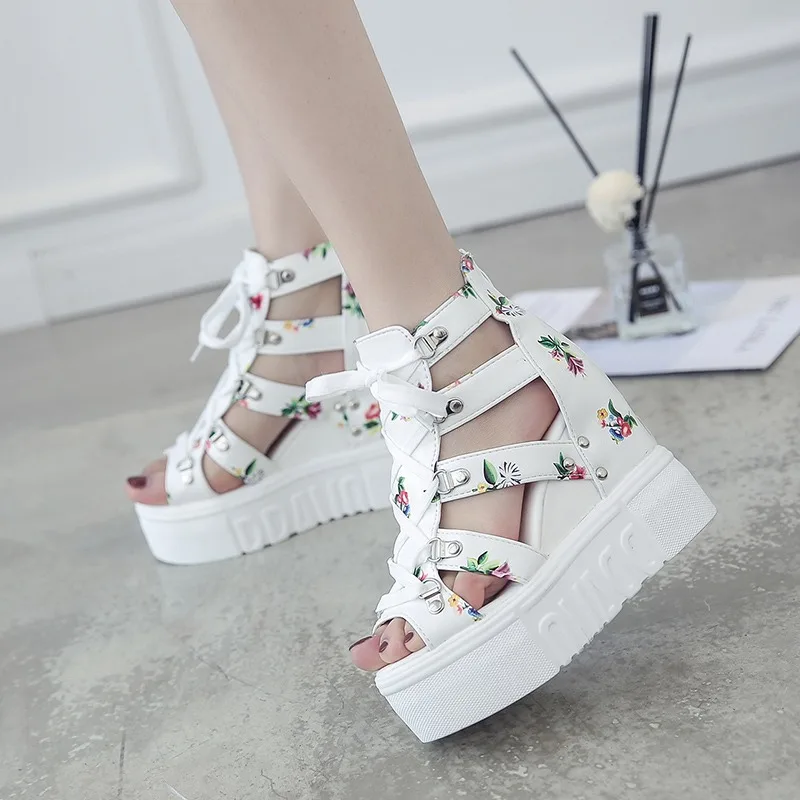 Women Wedge Summer Sandals Fashion Print Hollow Out Platform Round Toe Zipper Female Shoes Rome High Heel Casual Comfort Sandals