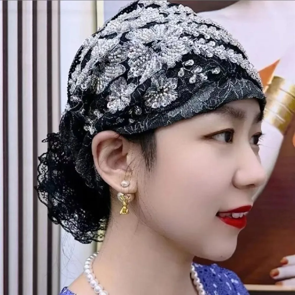 New Flower Embroidery Bonnet Hat Full Cover Elastic Headwear Cover White Hair Breathable Headscarf Summer