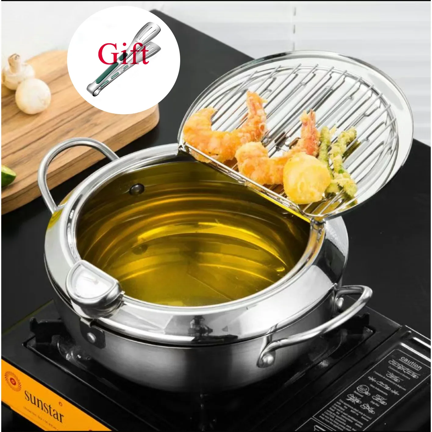 

Oil Saving French Fries Frying Pan Stainless Steel Oil Pan Household Thermometer With Cover Tempura Oil Fryer Tempura Fryer Pan