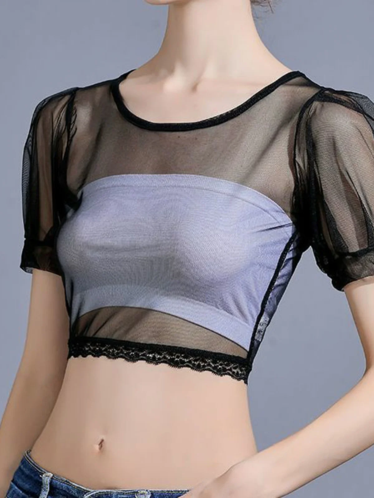 Summer New Style Ultra-Short Lace Nylon Slim Fit Overhead round Neck Black White Pure Color Mesh Shirt Women's T-shirt