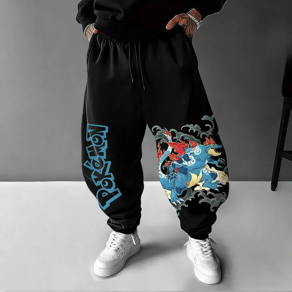 Pokémon Anime Feraligatr pantalones de chándal estampados pintados a mano Otoño/Invierno nuevos pantalones de Hip-hop holgados informales americanos con cordón para hombres